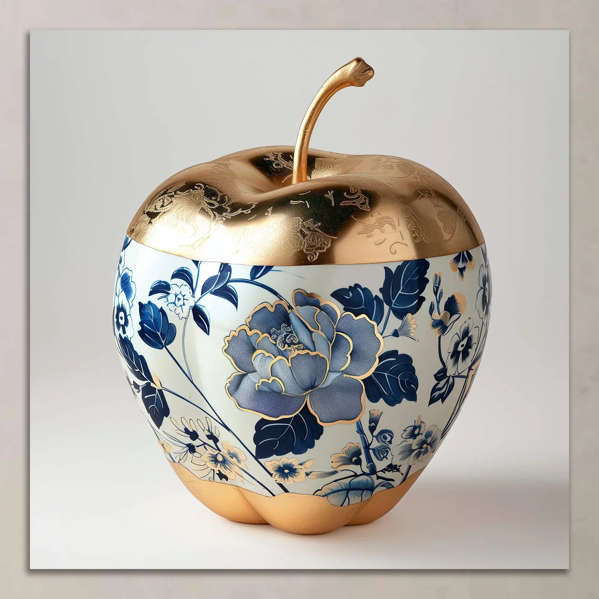 A golden apple adorned with an intricate blue and white porcelain floral pattern.