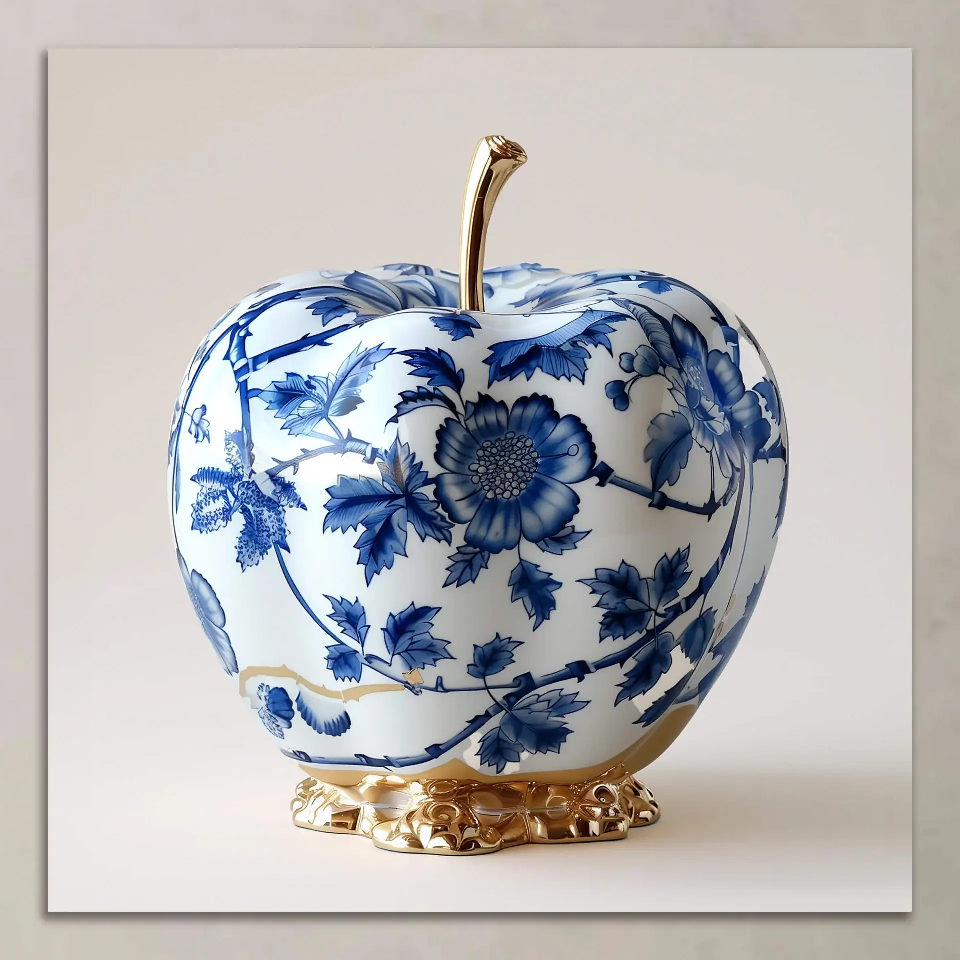 A porcelain apple adorned with an intricate blue-and-white floral pattern and refined golden accents.
