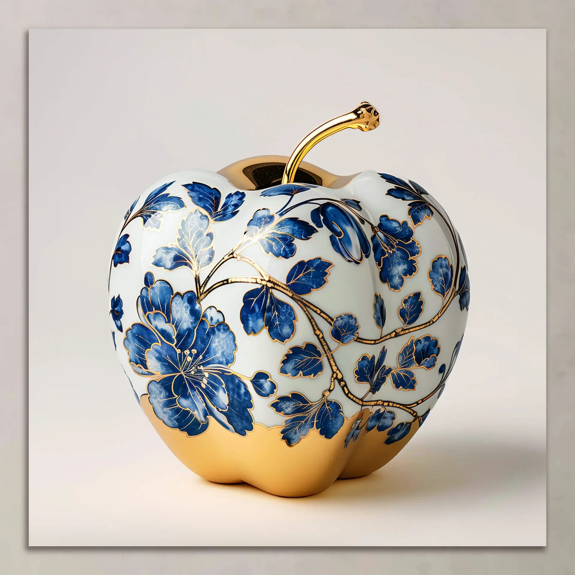 A golden apple adorned with blue and white porcelain floral patterns, resting on a golden pedestal.