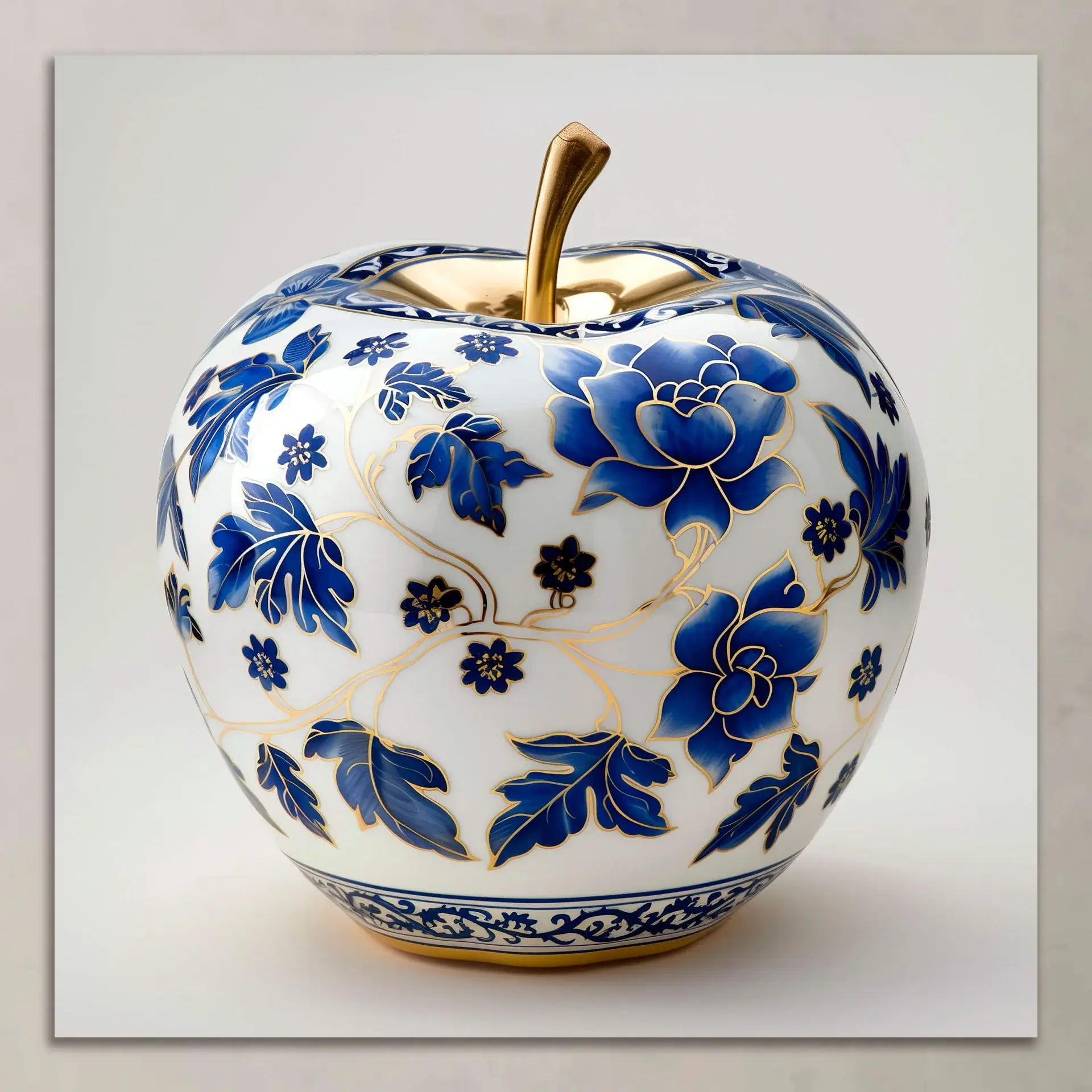 A golden apple with blue and white porcelain patterns, adorned with floral motifs and gold accents.
