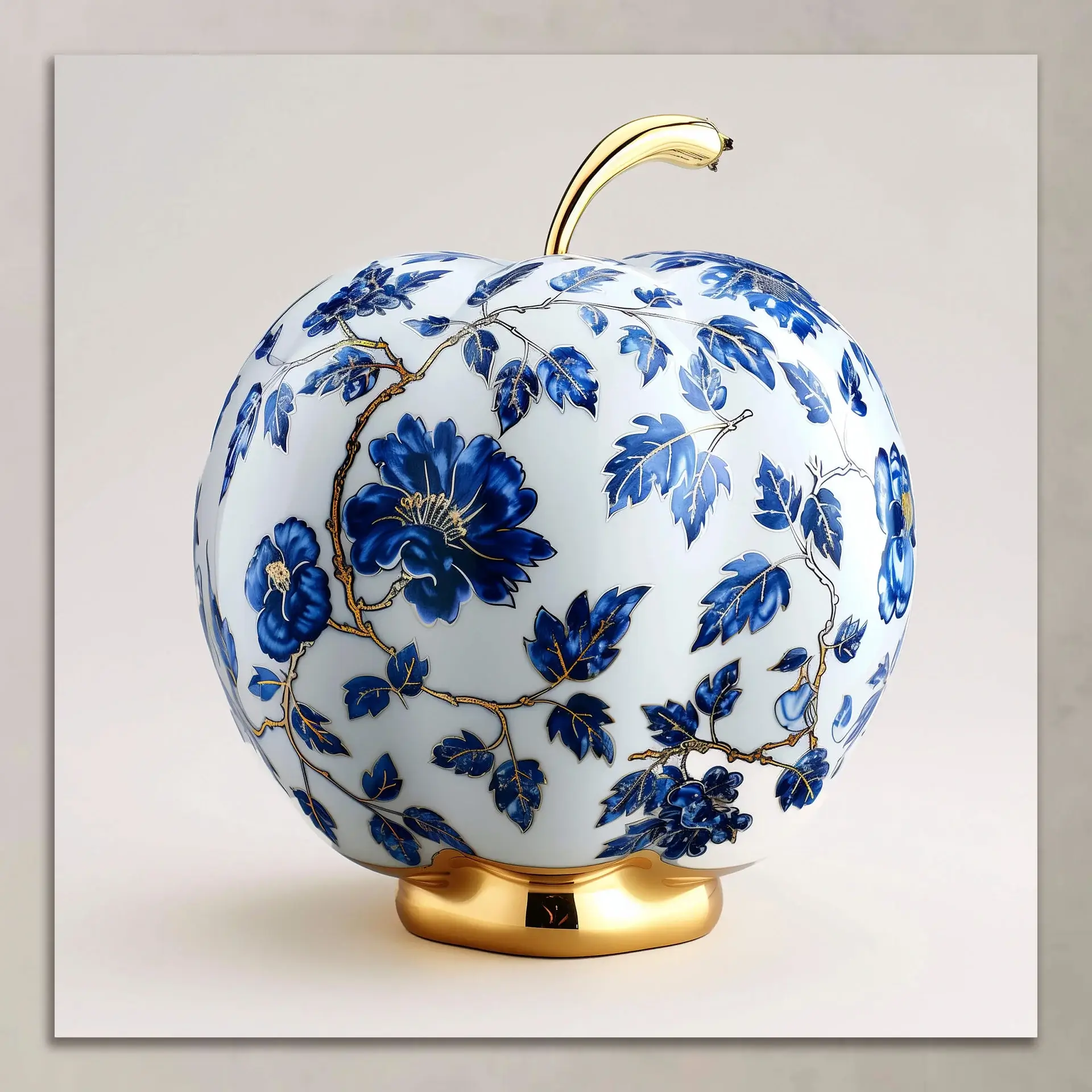A golden apple with blue and white porcelain patterns, adorned with floral motifs and elegant gold details.