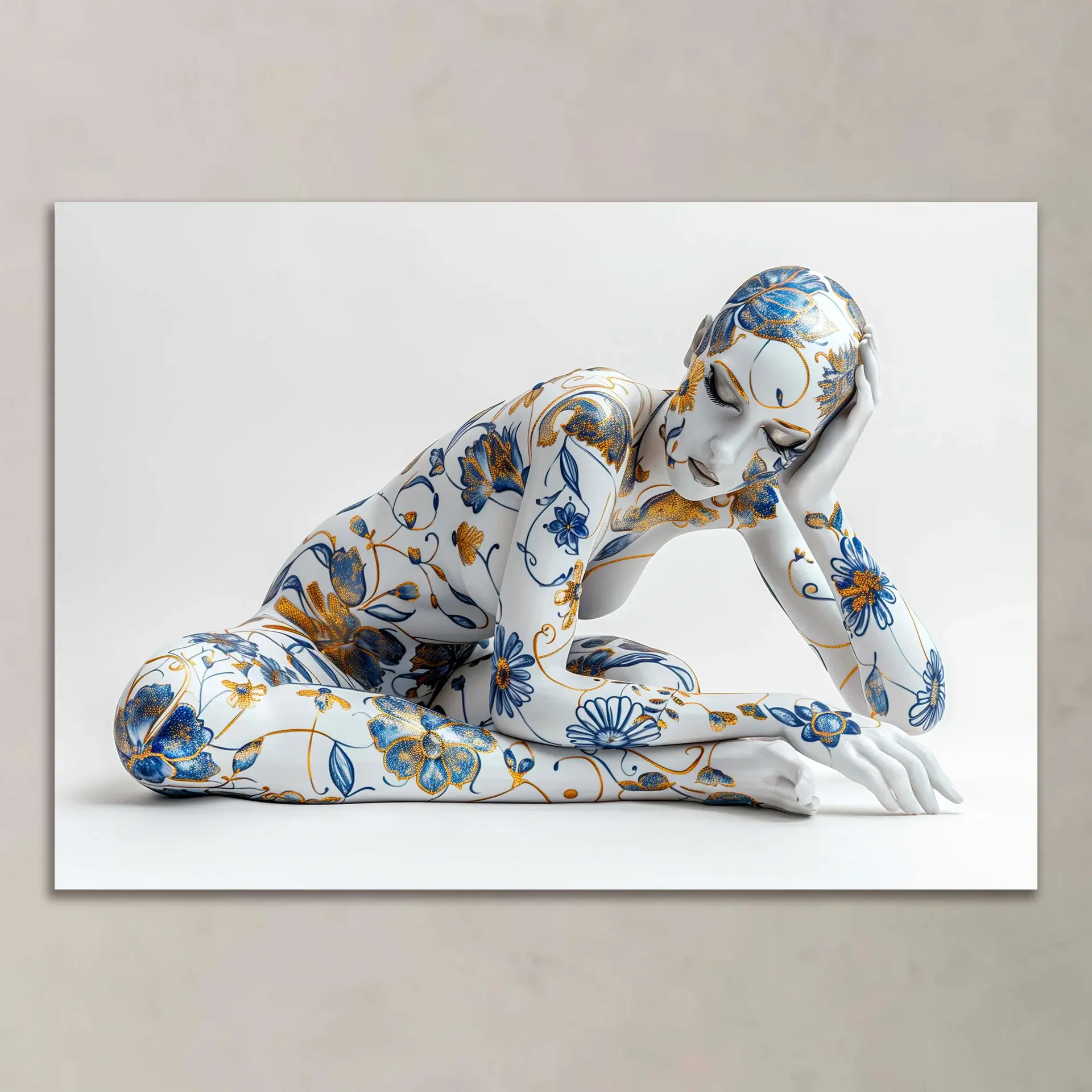 A porcelain sculpture of a woman, covered in blue and gold floral patterns, in a tranquil pose.