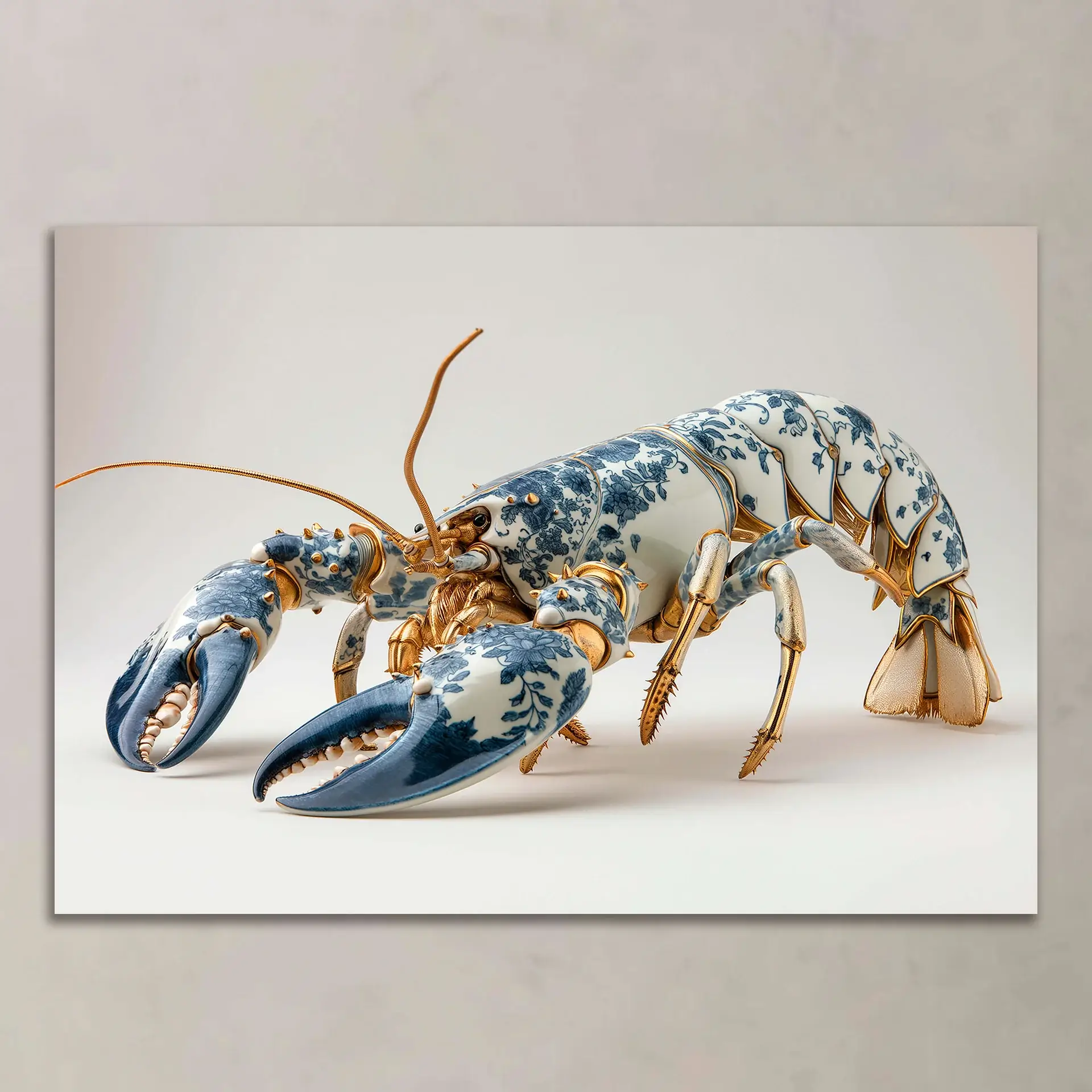 An artistic lobster made of white porcelain with blue and gold details, elegantly designed.