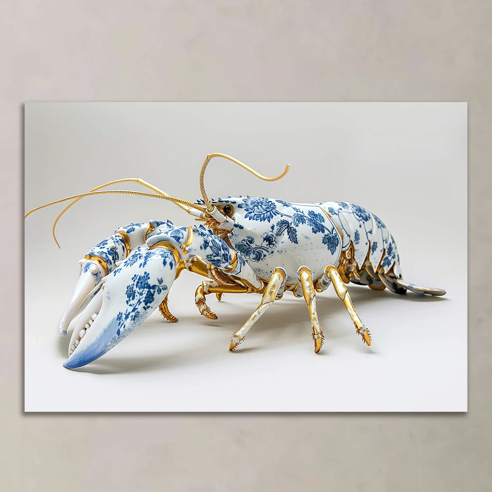 A porcelain lobster with blue floral patterns and golden details, a masterpiece of elegance.