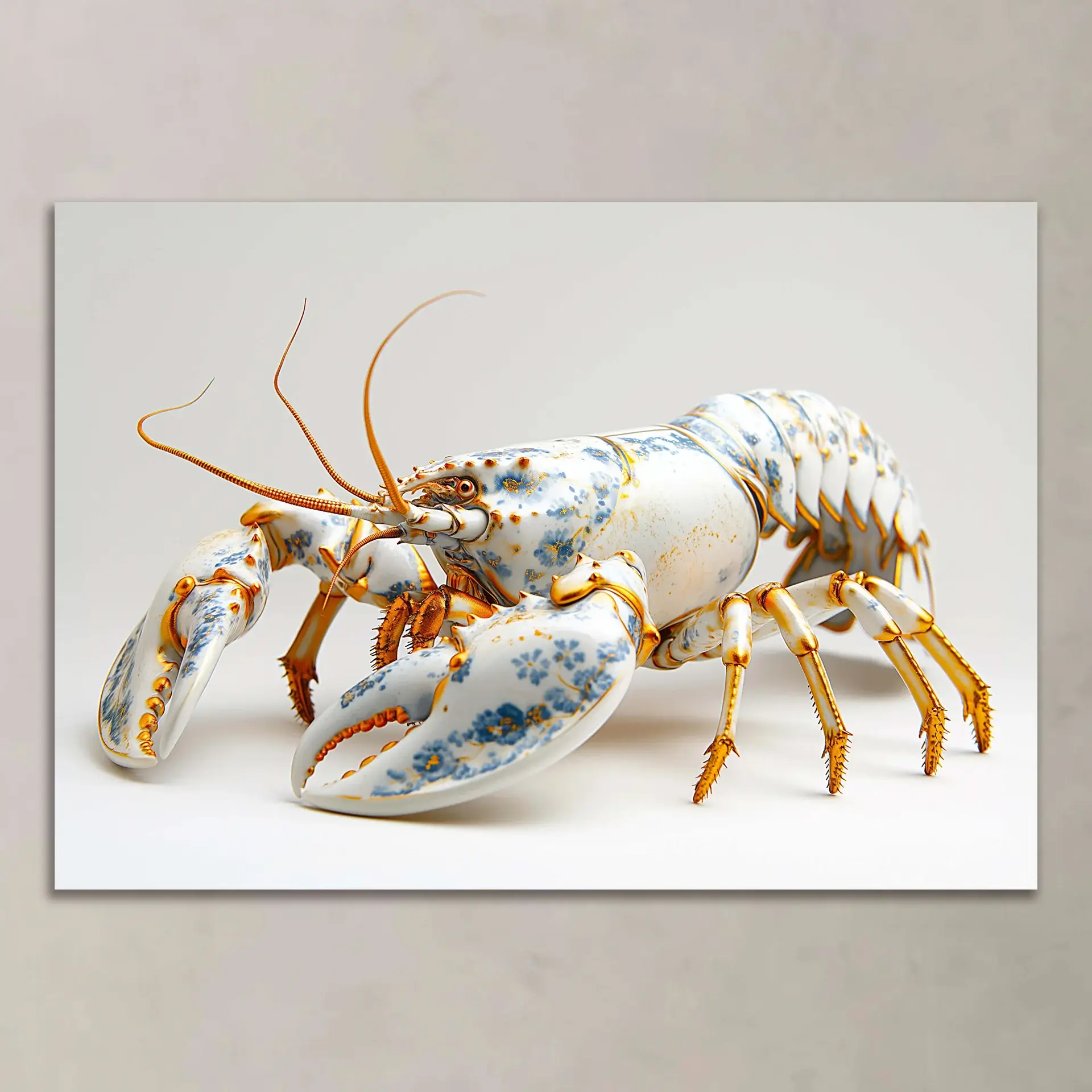 A majestic porcelain lobster with delicate blue floral motifs and luxurious golden accents.