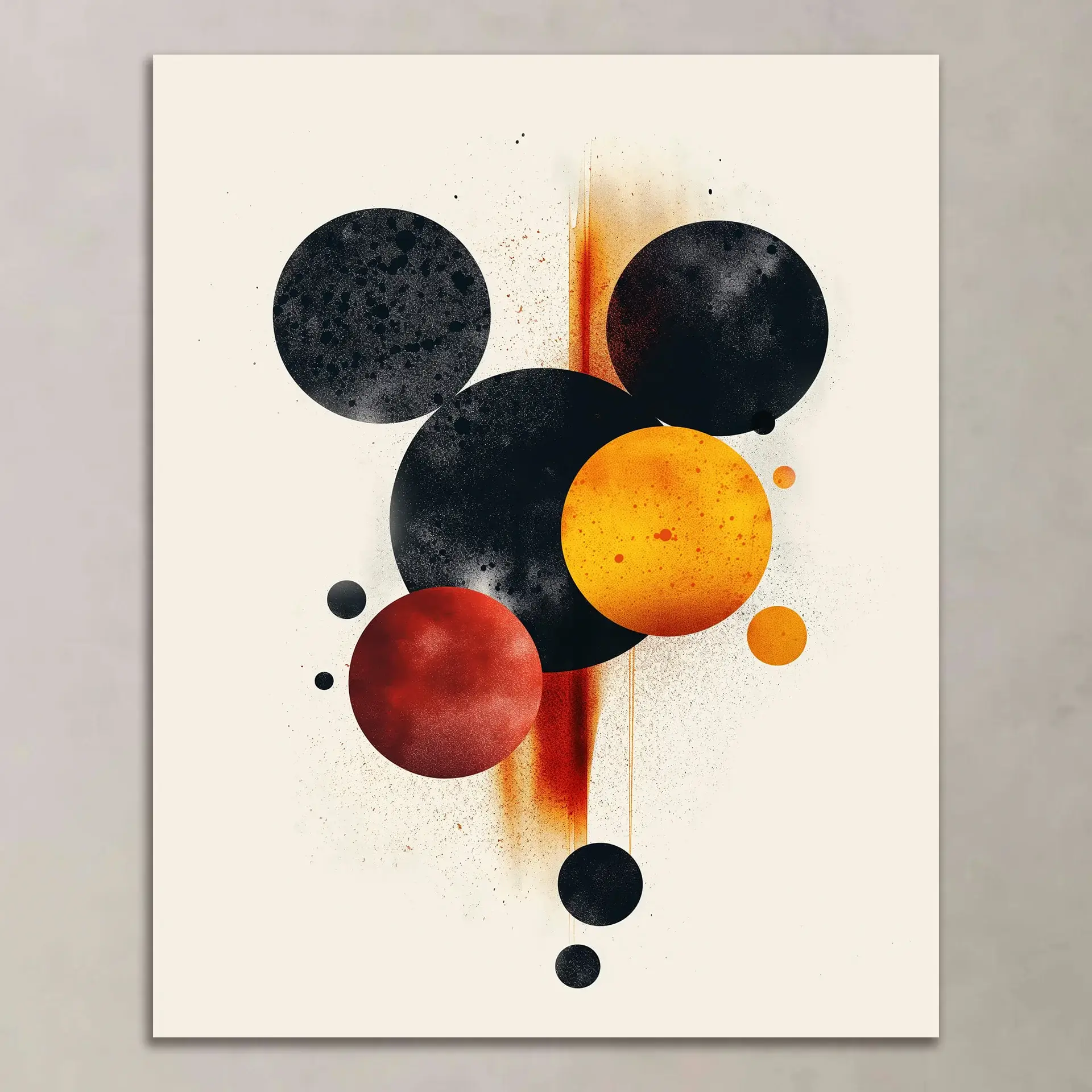 Abstract artwork featuring black, orange, and red circles on a light background with a cosmic, modern aesthetic.