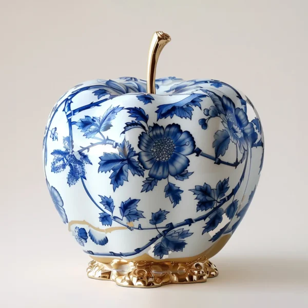 A porcelain apple adorned with an intricate blue-and-white floral pattern and refined golden accents.